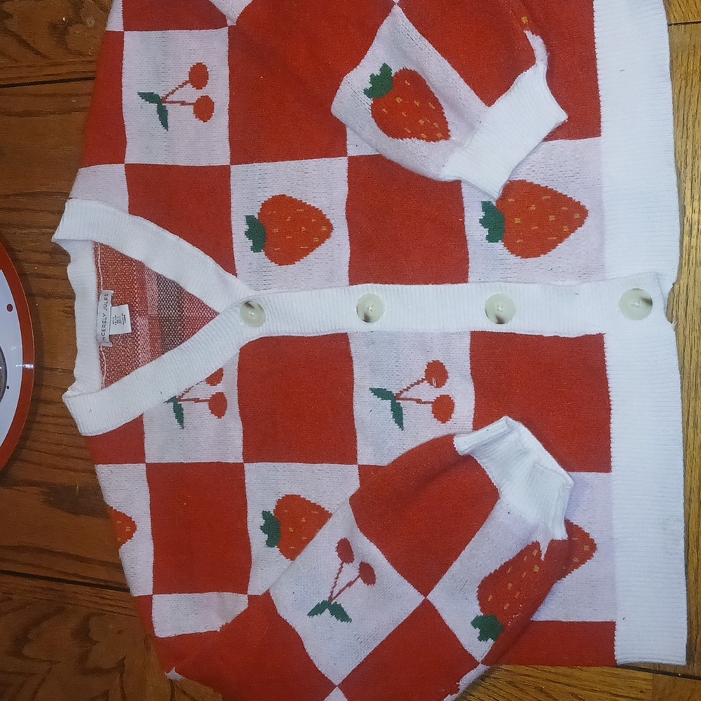 Red and White Fruit Pattern Cardigan